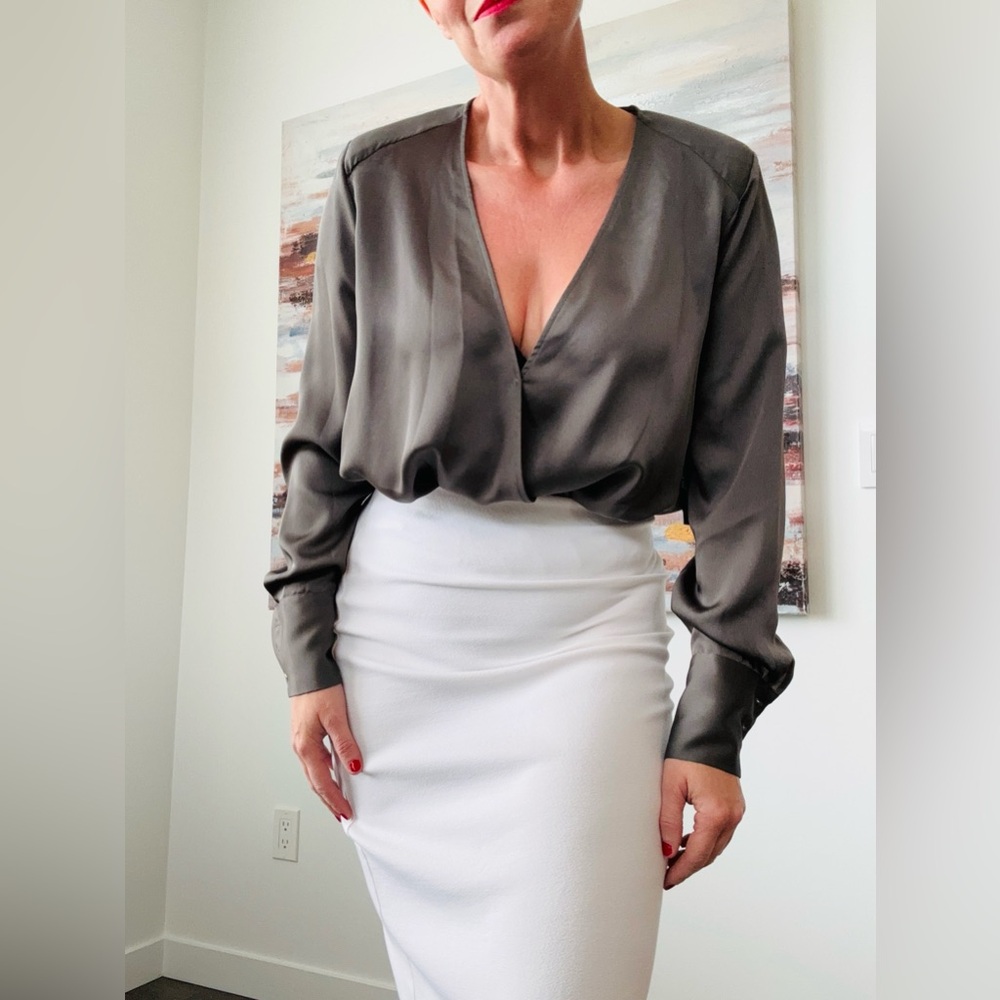 Marciano by GUESS Grey Satin Surplice Long Sleeve Bodysuit - NWT Size M